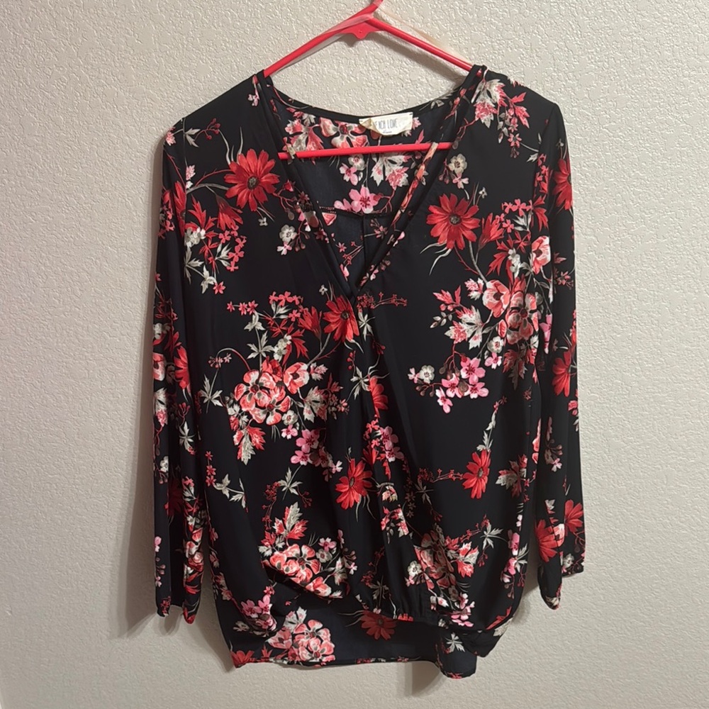 Peach Love California Black and Pink Floral 3/4 Sleeve Blouse